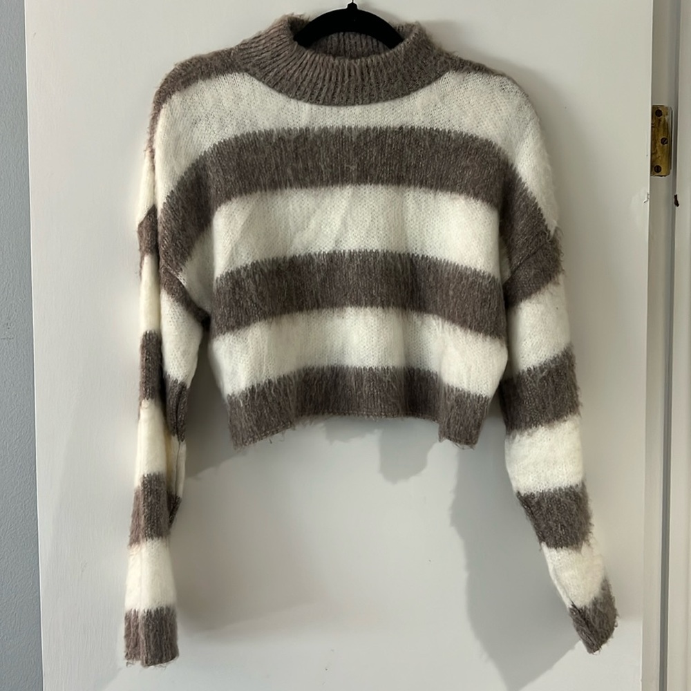 Express striped cropped sweater. High neck, Taupe/white stripes. Worn twice.